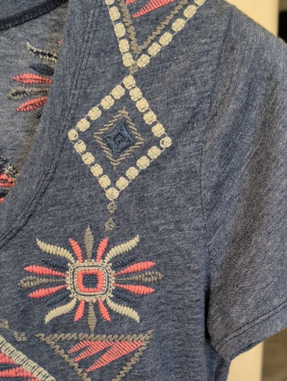 Johnny Was Blue Joy Love Light  Embroidered Tee with Pink & White Accents - Picture 5 of 9